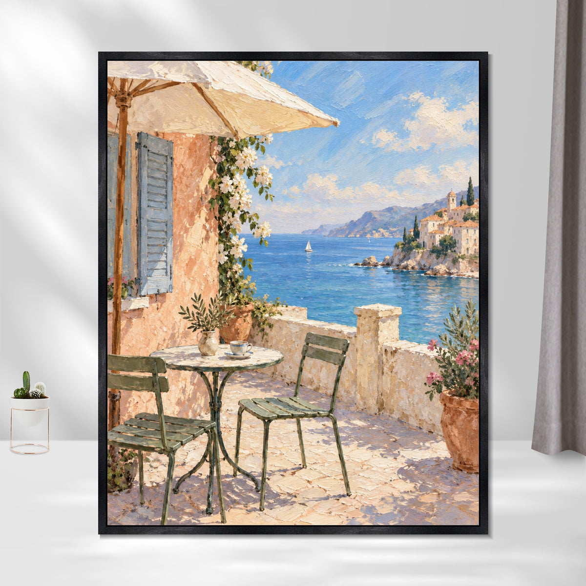 INVIN ART Framed Canvas 100% Handpainted Oil Painting Afternoon on the Coastal Terrace Wall Art