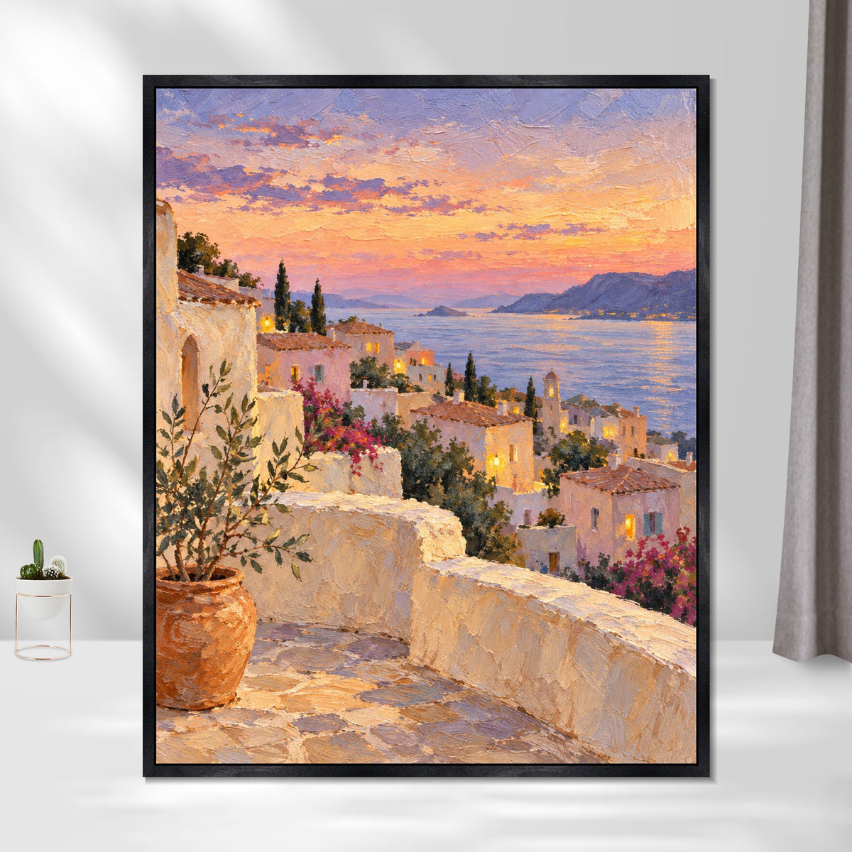 INVIN ART Framed Canvas 100% Handpainted Oil Painting Terraced Town at Sunset Wall Art