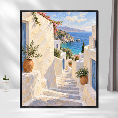 INVIN ART Framed Canvas 100% Handpainted Oil Painting White Steps to the Blue Sea Wall Art