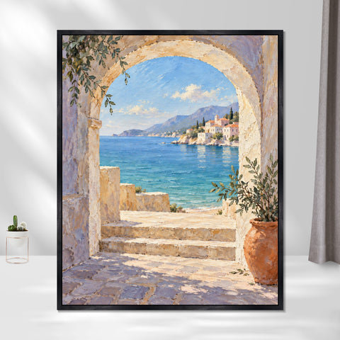 INVIN ART Framed Canvas 100% Handpainted Oil Painting Blue Sea Through the Stone Arch Wall Art