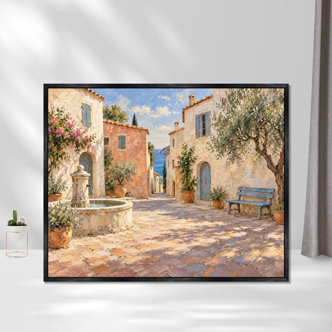INVIN ART Framed Canvas 100% Handpainted Oil Painting Sunny Lane by the Fountain Wall Art
