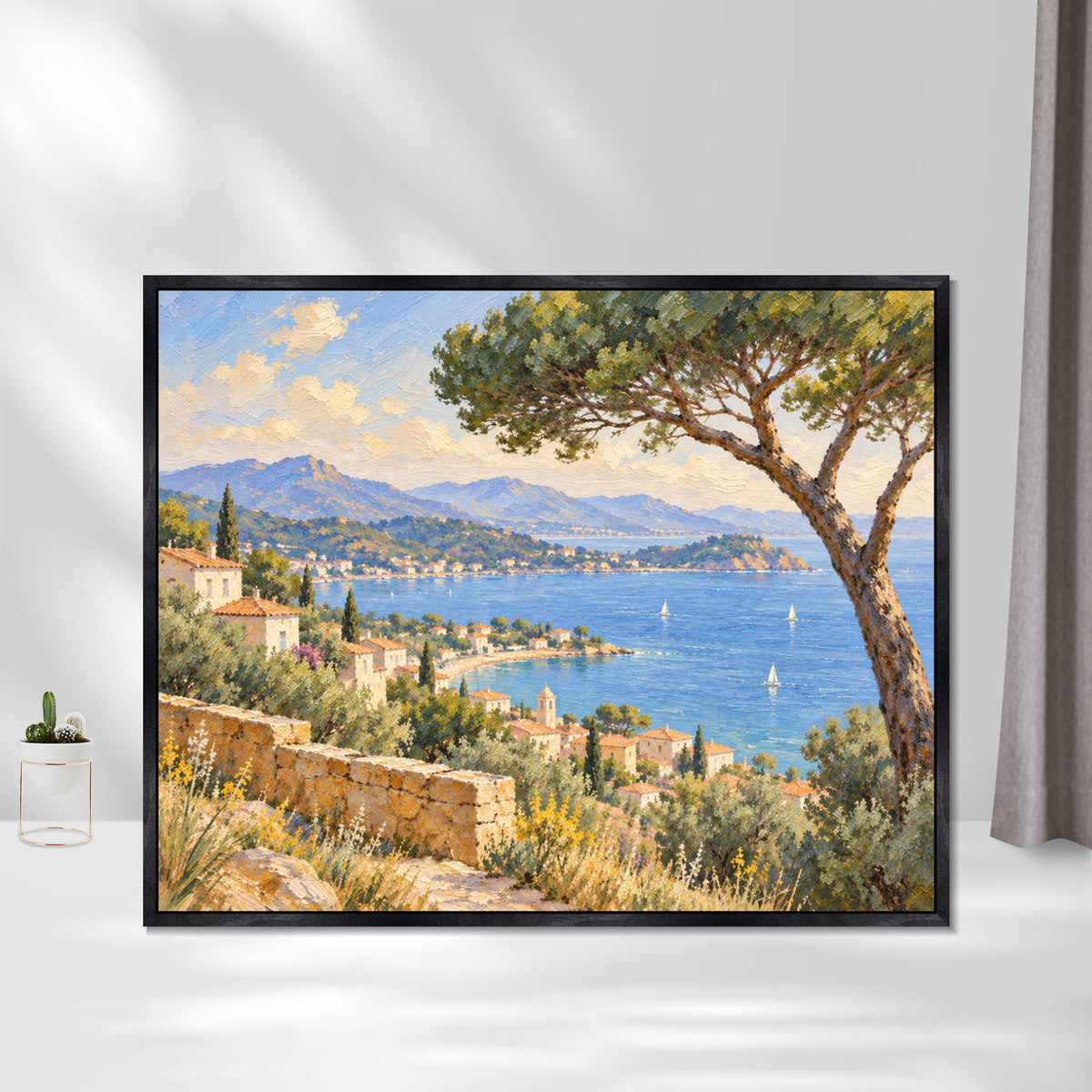 INVIN ART Framed Canvas 100% Handpainted Oil Painting Bay View Beneath the Pine Wall Art