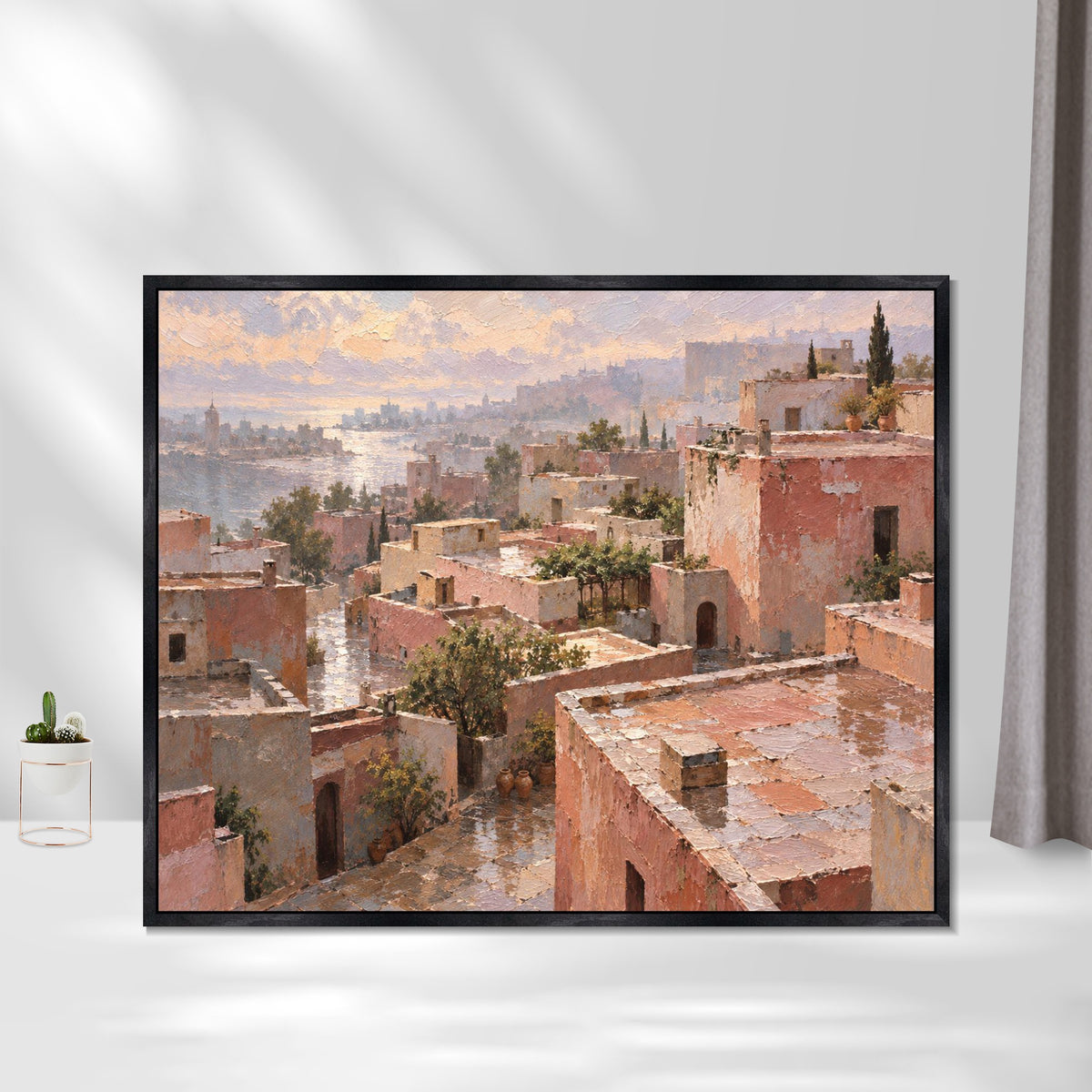 INVIN ART Framed Canvas 100% Handpainted Oil Painting Pink Rooftops Above the Sea Wall Art