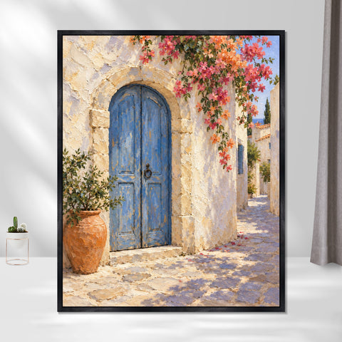 INVIN ART Framed Canvas 100% Handpainted Oil Painting Blue Door Beneath Blossoms Wall Art