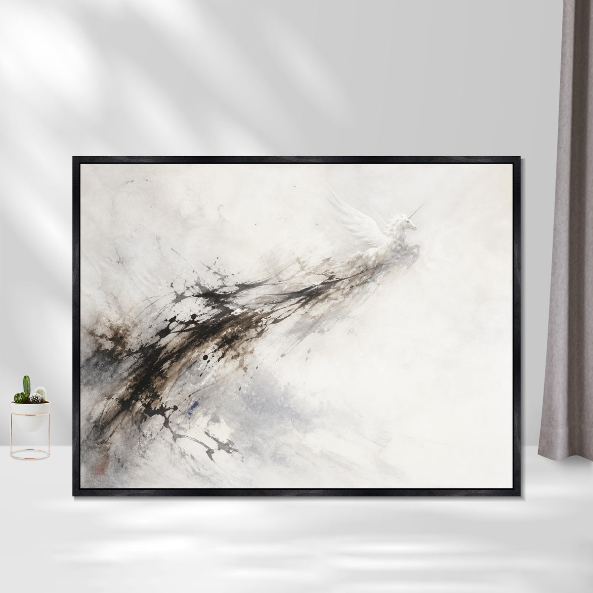 INVIN ART Framed Canvas 100% Handpainted Oil Painting Unicorn in Ink and Mist Wall Art