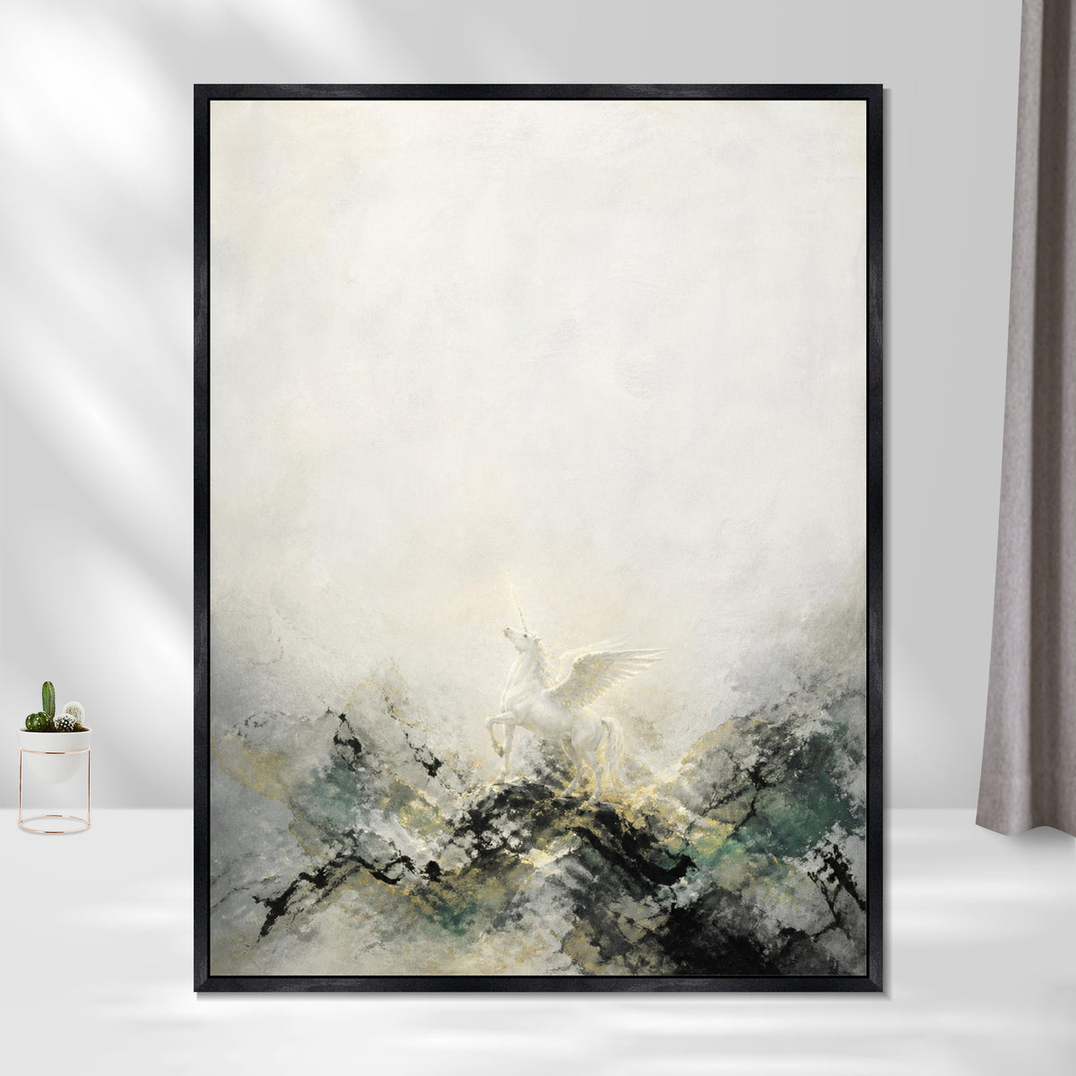 INVIN ART Framed Canvas 100% Handpainted Oil Painting Winged Unicorn Above Misty Hills Wall Art