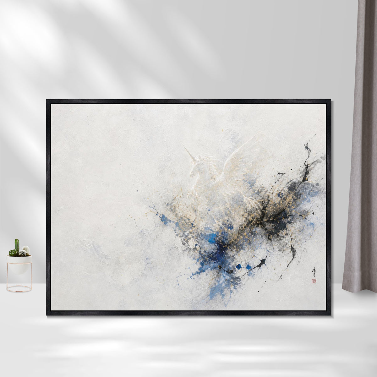 INVIN ART Framed Canvas 100% Handpainted Oil Painting Unicorn in Blue and Gold Mist Wall Art