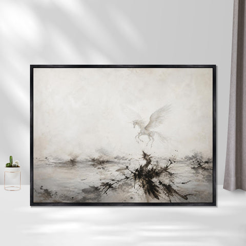 INVIN ART Framed Canvas 100% Handpainted Oil Painting Unicorn Above Misty Waters Wall Art