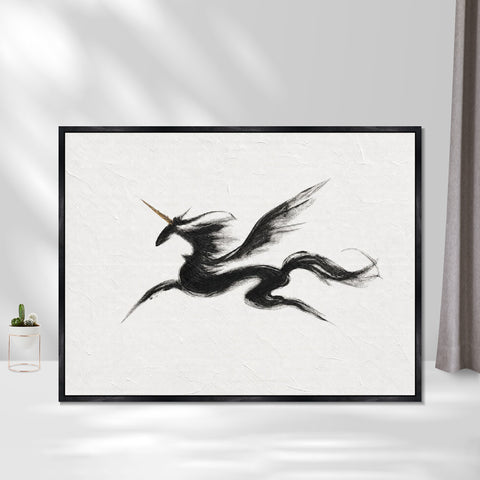 INVIN ART Framed Canvas 100% Handpainted Oil Painting Unicorn in Sweeping Black Lines Wall Art