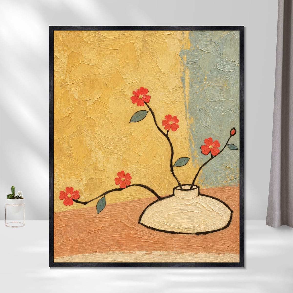 INVIN ART Framed Canvas 100% Handpainted Oil Painting Red Flowers Against Yellow Wall Art