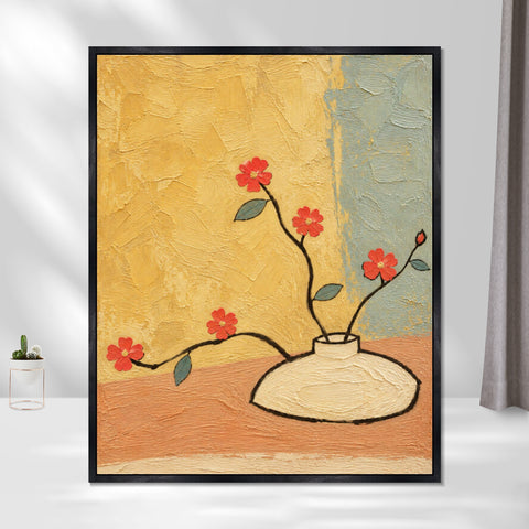 INVIN ART Framed Canvas 100% Handpainted Oil Painting Red Flowers Against Yellow Wall Art