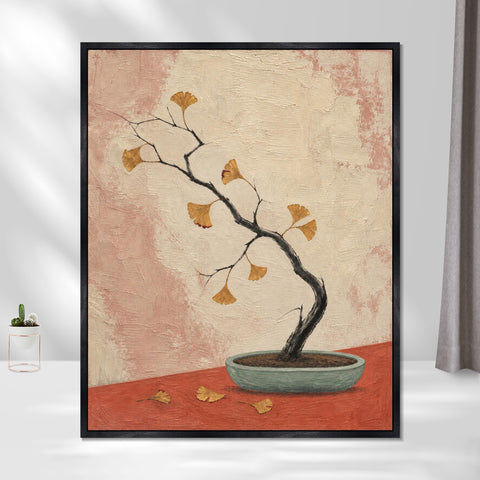 INVIN ART Framed Canvas 100% Handpainted Oil Painting Ginkgo Branch in a Shallow Pot Wall Art