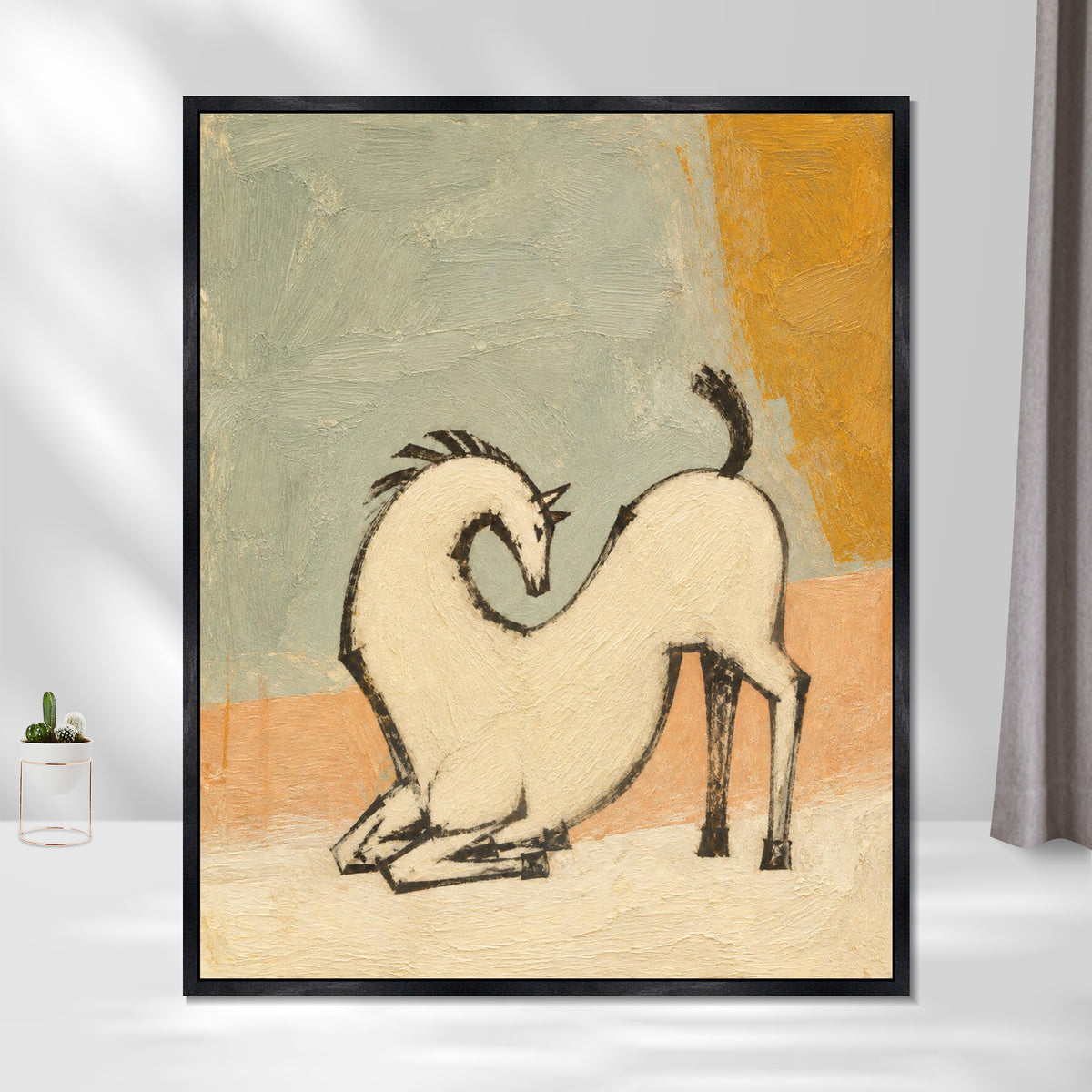 INVIN ART Framed Canvas 100% Handpainted Oil Painting White Horse with a Curved Neck Wall Art