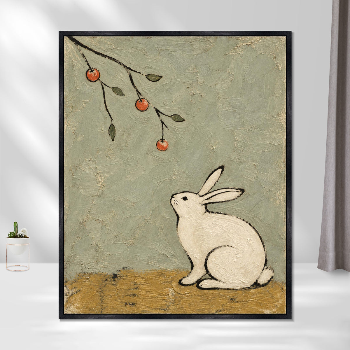 INVIN ART Framed Canvas 100% Handpainted Oil Painting Rabbit Beneath the Fruit Branch Wall Art