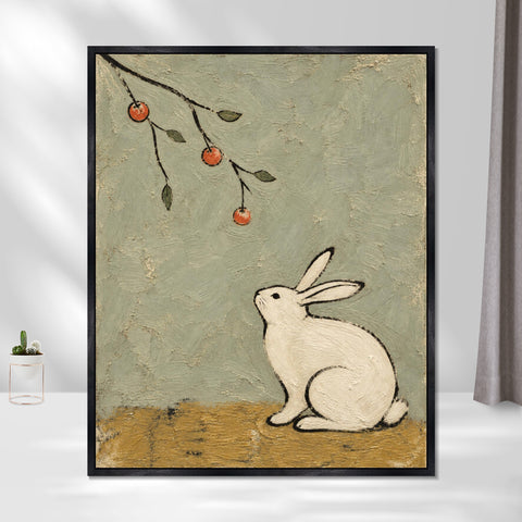 INVIN ART Framed Canvas 100% Handpainted Oil Painting Rabbit Beneath the Fruit Branch Wall Art