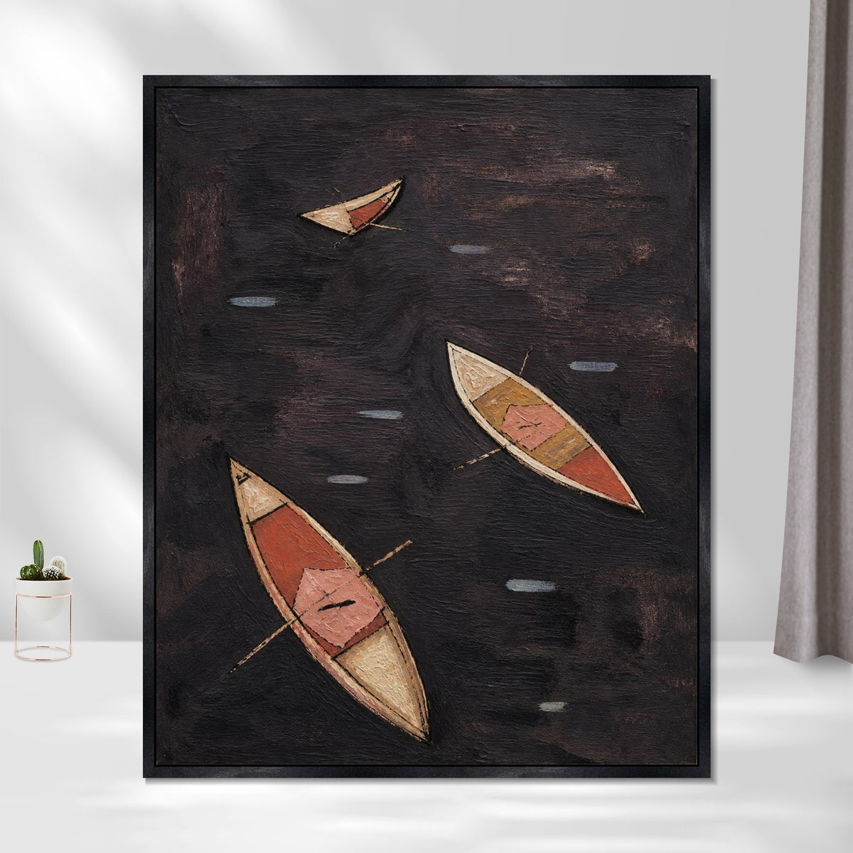 INVIN ART Framed Canvas 100% Handpainted Oil Painting Three Boats on Dark Water Wall Art