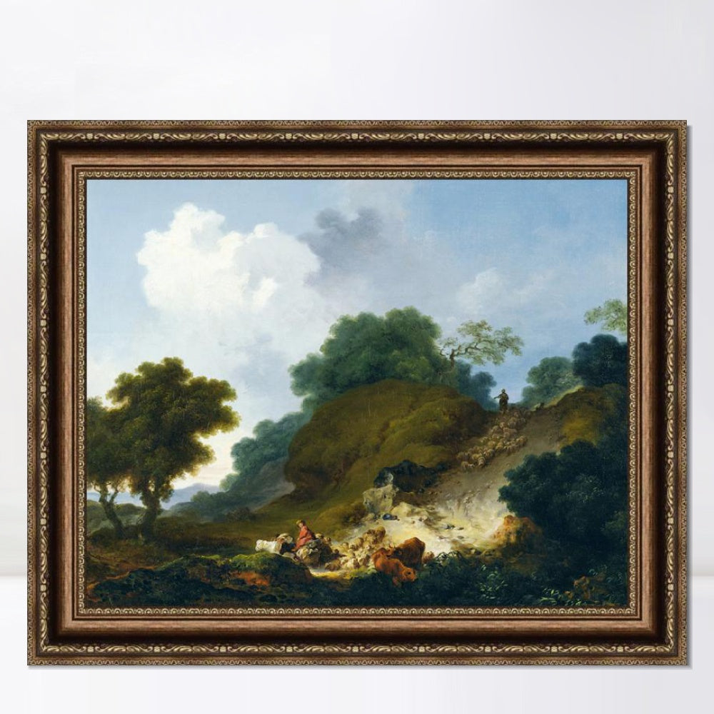 INVIN ART Framed Canvas Art Giclee Print Landscape with Shepherds and Flock of Sheep by Jean Honore Fragonard Wall Art Living Room Home Office Decorations
