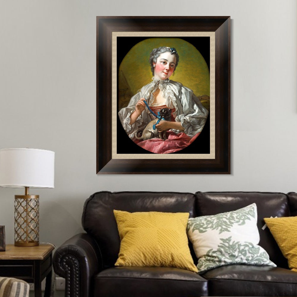 INVIN ART Framed Canvas Art Giclee Print A young lady holding a pug dog by Francois Boucher Wall Art Living Room Home Office Decorations