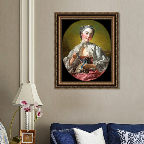 INVIN ART Framed Canvas Art Giclee Print A young lady holding a pug dog by Francois Boucher Wall Art Living Room Home Office Decorations