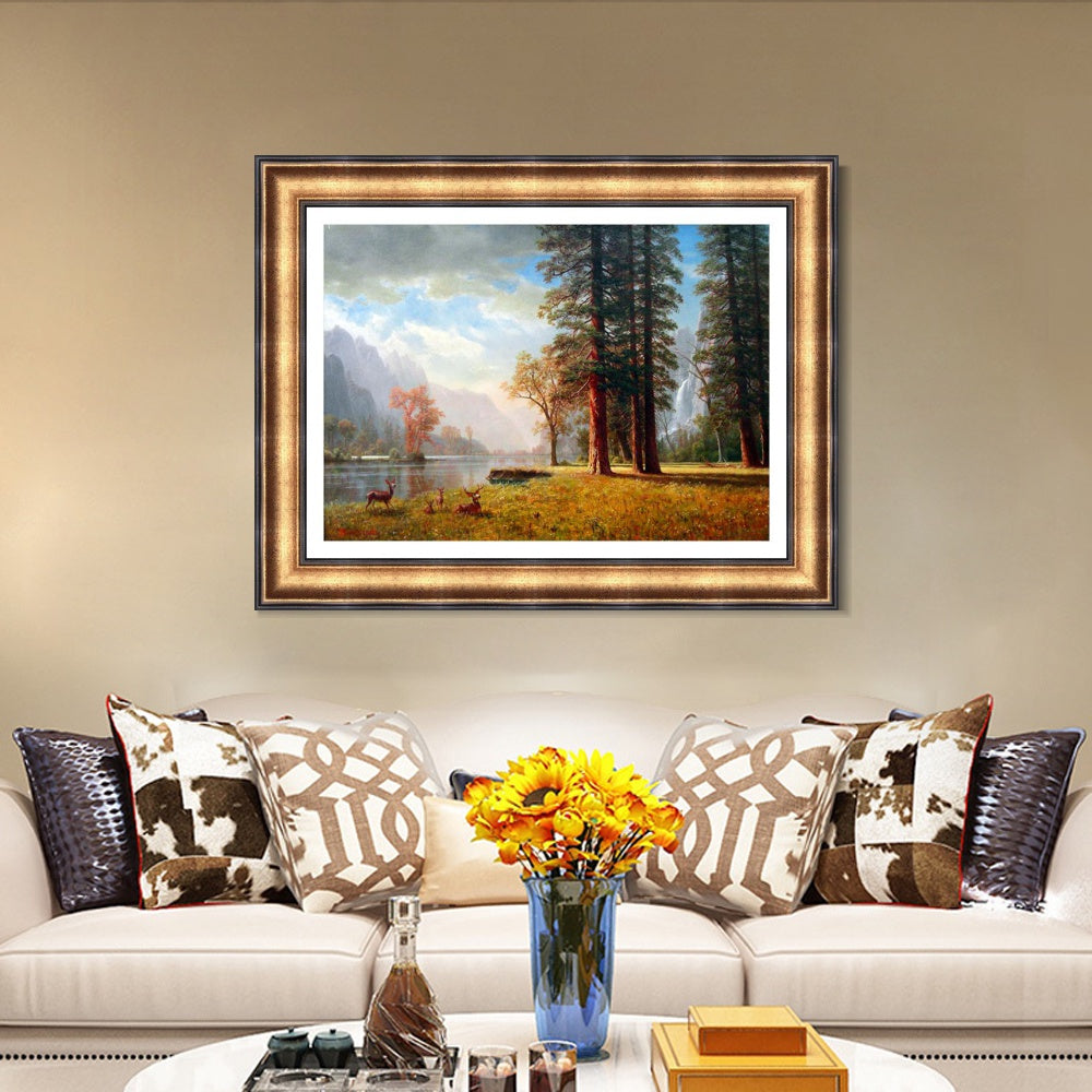 INVIN ART Framed Canvas Art Giclee Print Deer by the lake by Albert Bierstadt Wall Art