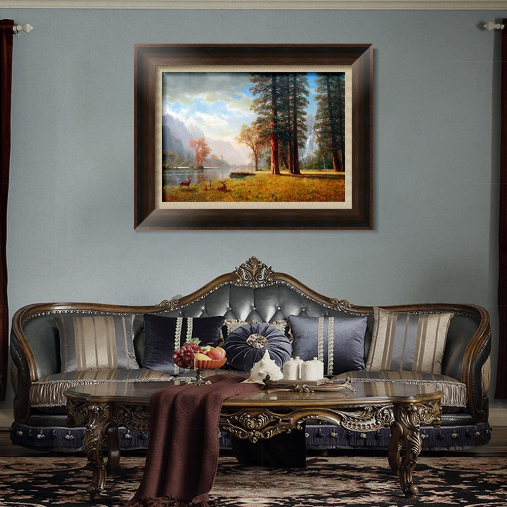 INVIN ART Framed Canvas Art Giclee Print Deer by the lake by Albert Bierstadt Wall Art