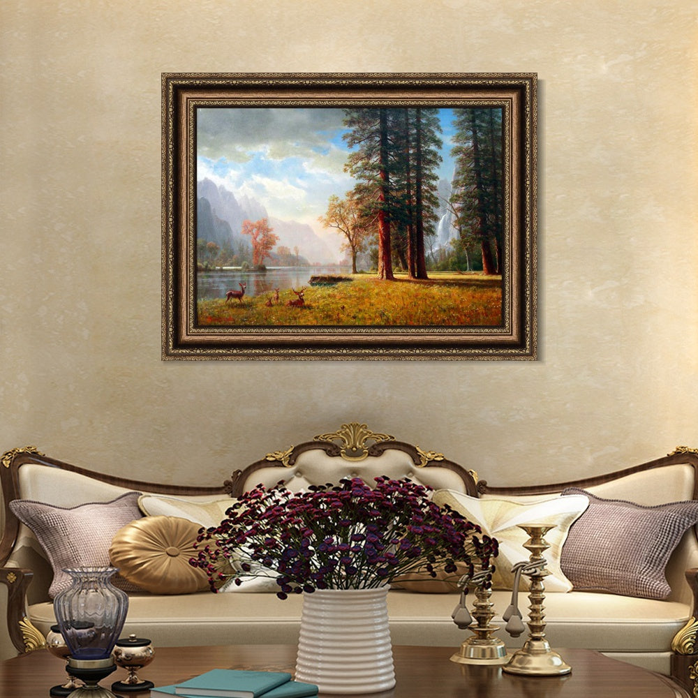 INVIN ART Framed Canvas Art Giclee Print Deer by the lake by Albert Bierstadt Wall Art