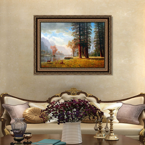 INVIN ART Framed Canvas Art Giclee Print Deer by the lake by Albert Bierstadt Wall Art Living Room Home Office Decorations