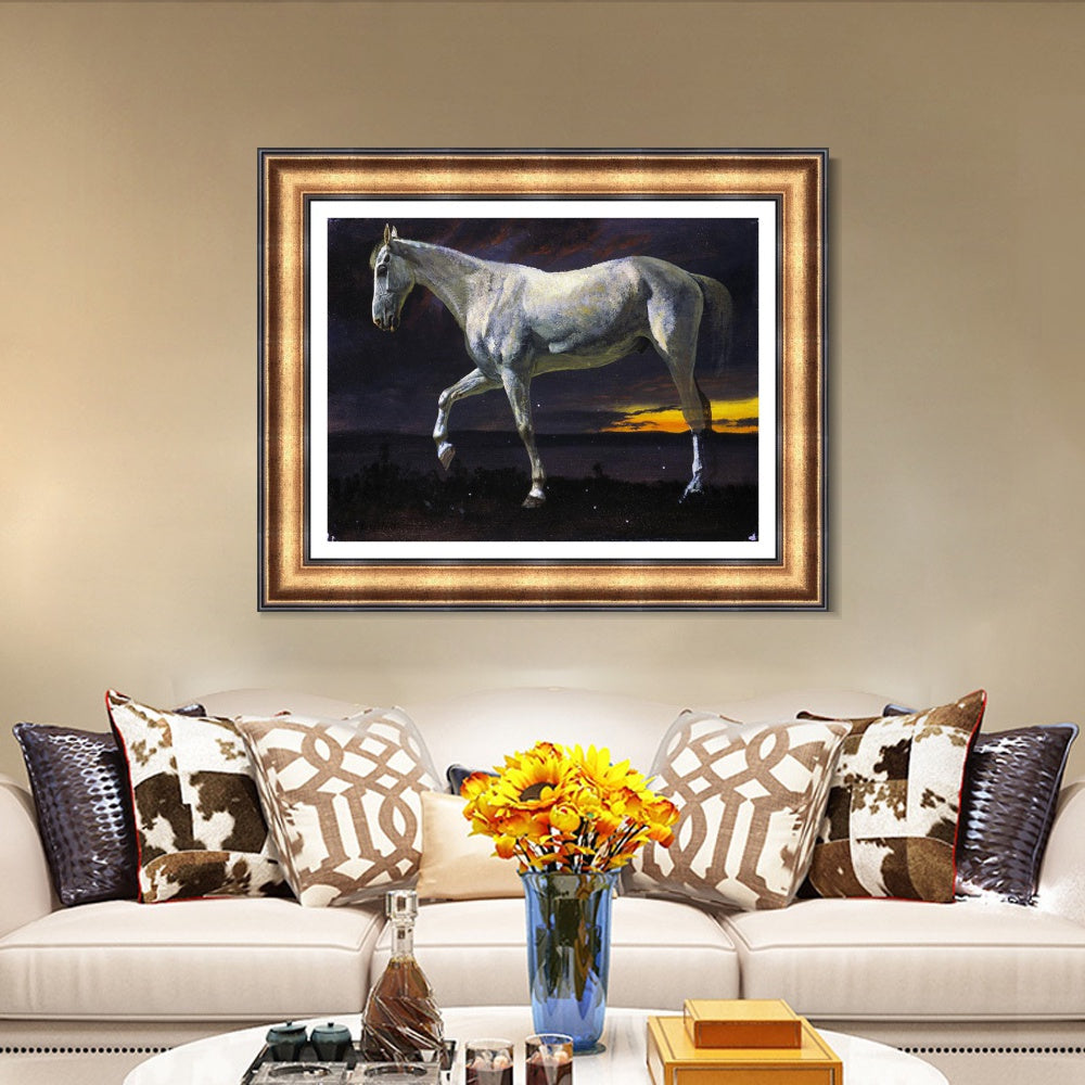 INVIN ART Framed Canvas Art Giclee Print White Horse and Sunset by Albert Bierstadt Wall Art