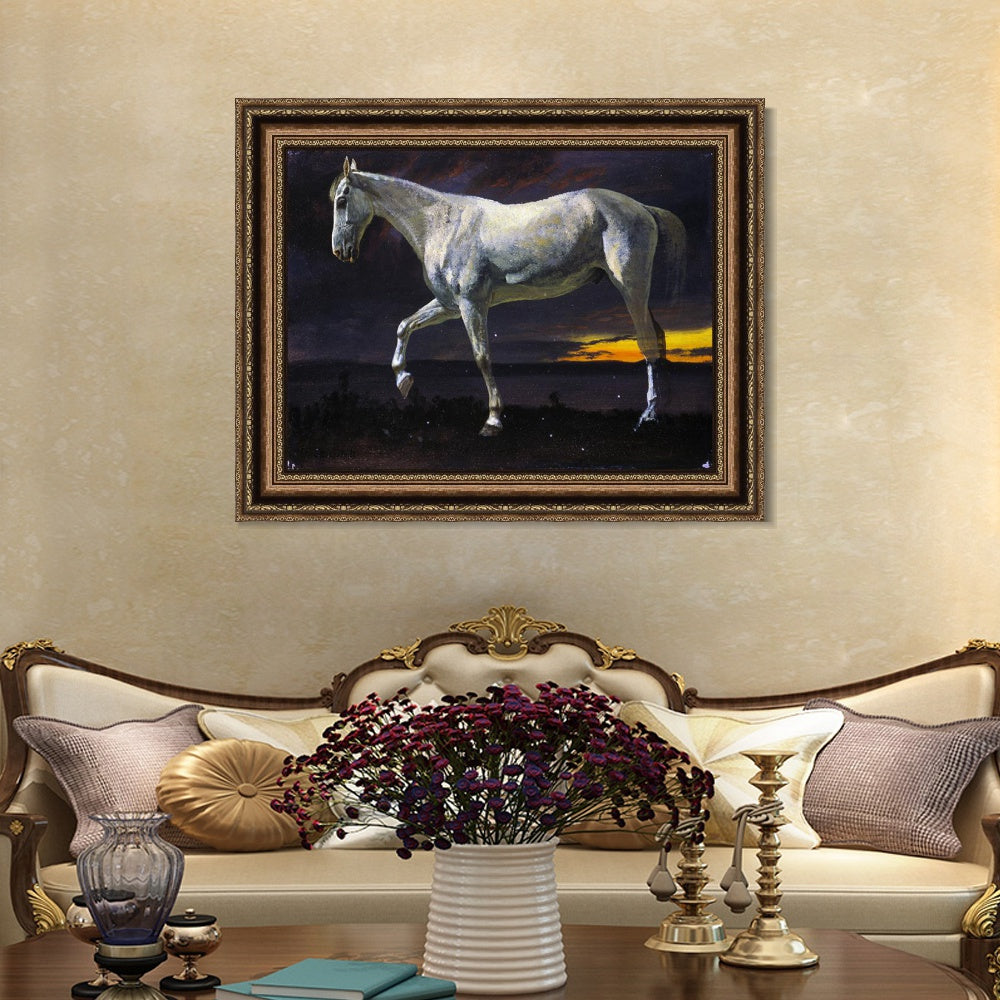 INVIN ART Framed Canvas Art Giclee Print White Horse and Sunset by Albert Bierstadt Wall Art