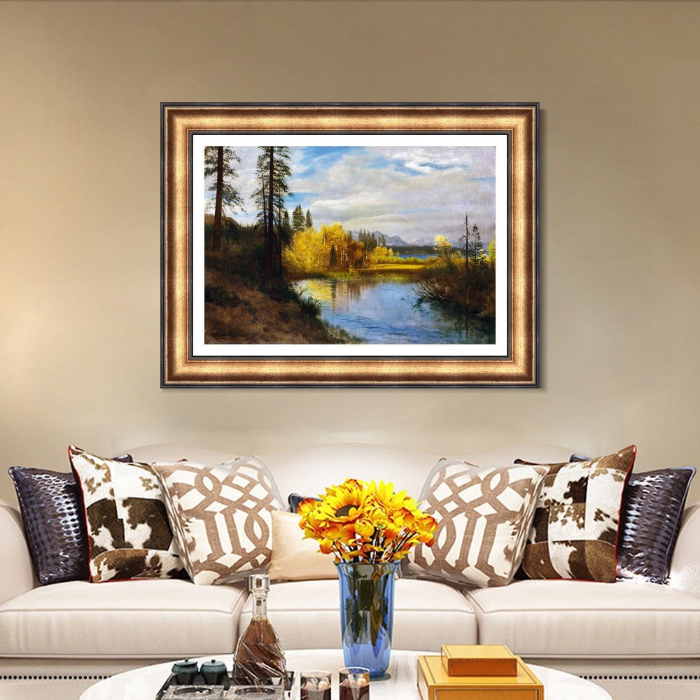 INVIN ART Framed Canvas Art Giclee Print River Quietly Flowing Among Trees and Shrubs by Albert Bierstadt Wall Art (European Retro Golden Frame with Linen Liner,20"x24")