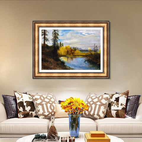 INVIN ART Framed Canvas Art Giclee Print River Quietly Flowing Among Trees and Shrubs by Albert Bierstadt Wall Art Living Room Home Office Decorations(European Retro Golden Frame with Linen Liner,20"x24")