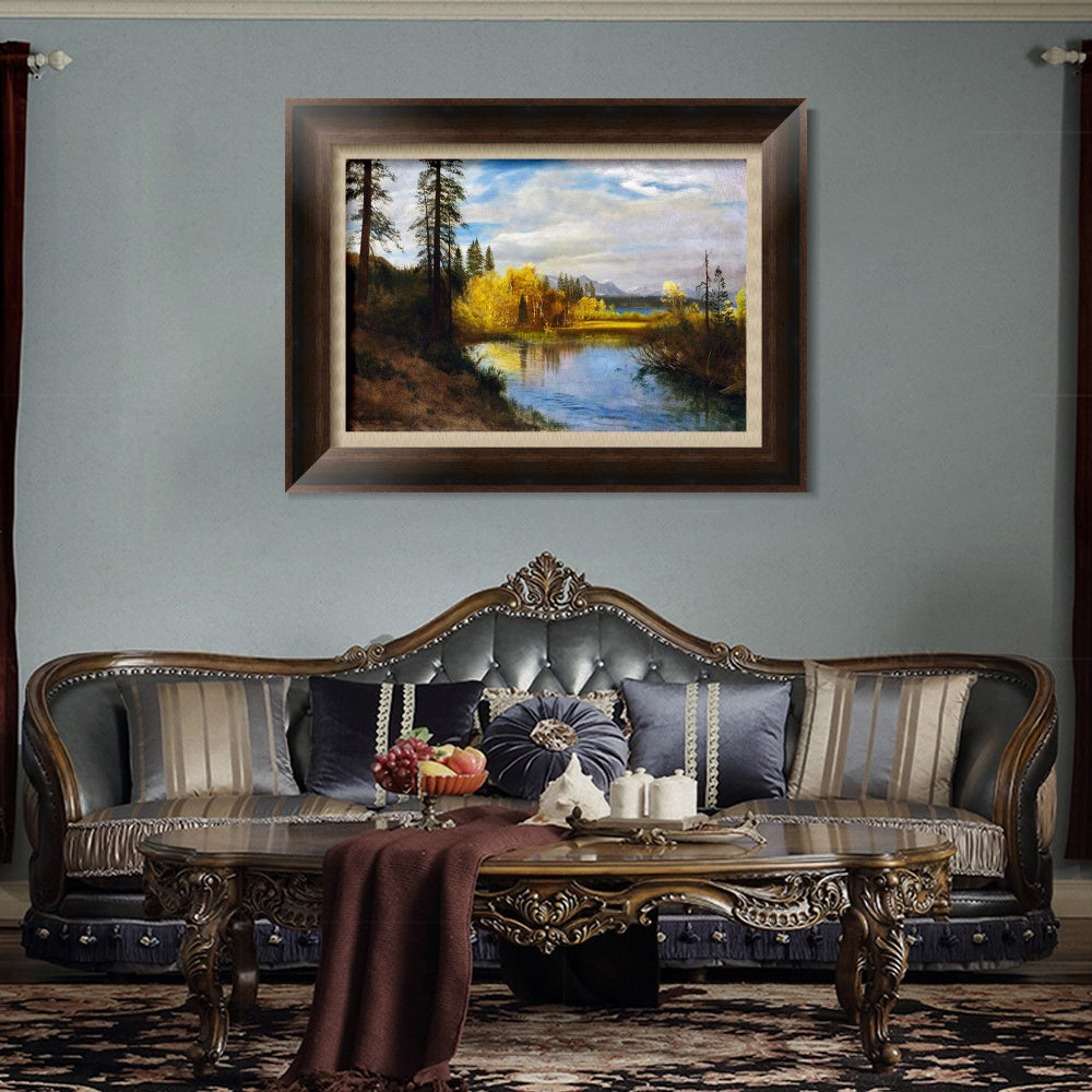 INVIN ART Framed Canvas Art Giclee Print River Quietly Flowing Among Trees and Shrubs by Albert Bierstadt Wall Art (European Retro Golden Frame with Linen Liner,20"x24")