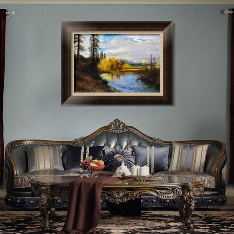 INVIN ART Framed Canvas Art Giclee Print River Quietly Flowing Among Trees and Shrubs by Albert Bierstadt Wall Art Living Room Home Office Decorations(European Retro Golden Frame with Linen Liner,20"x24")