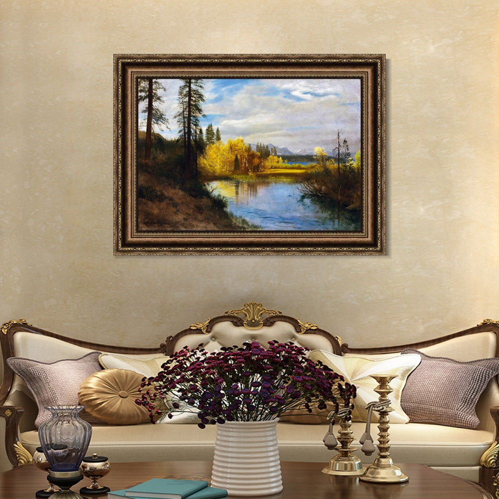 INVIN ART Framed Canvas Art Giclee Print River Quietly Flowing Among Trees and Shrubs by Albert Bierstadt Wall Art (European Retro Golden Frame with Linen Liner,20"x24")
