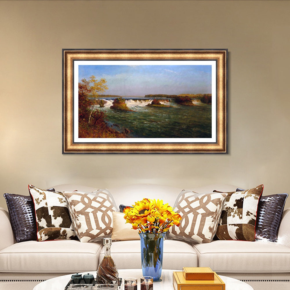 INVIN ART Framed Canvas Art Giclee Print The Running River by Albert Bierstadt Wall Art (European Retro Golden Frame with Linen Liner,20"x28")