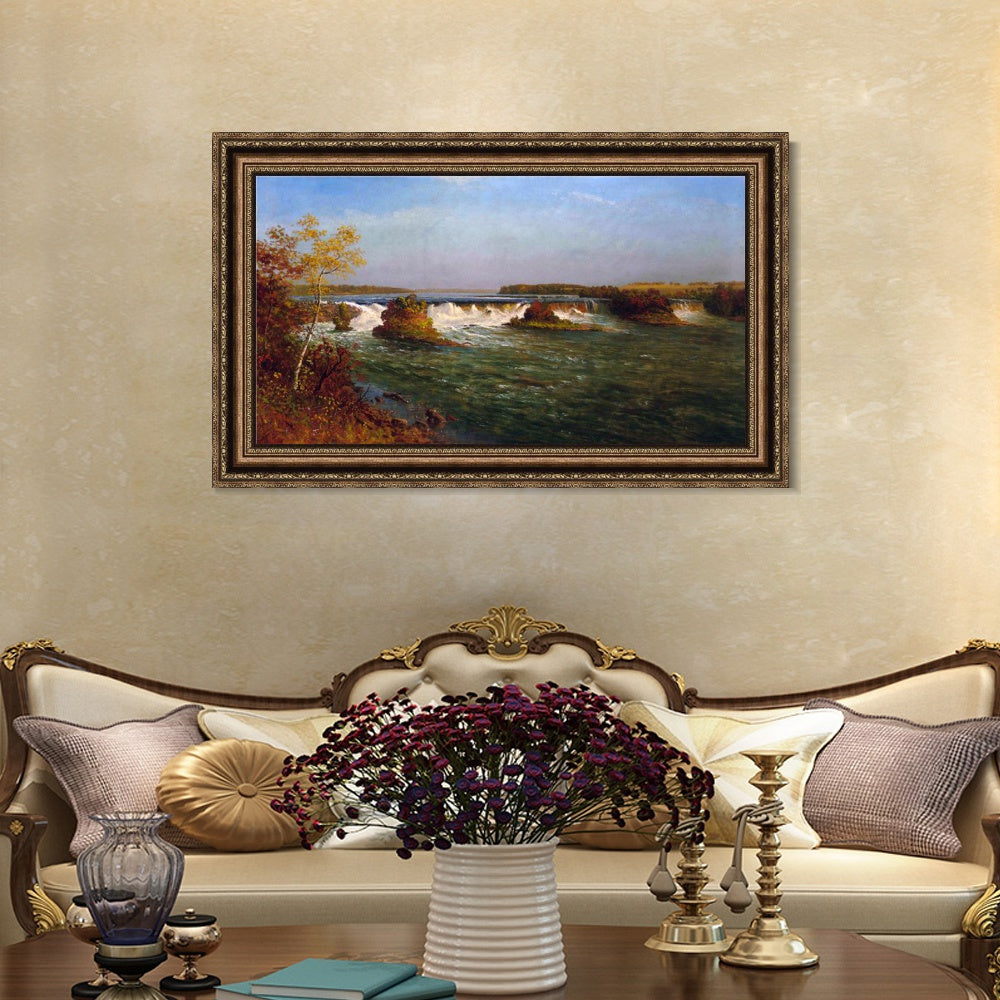 INVIN ART Framed Canvas Art Giclee Print The Running River by Albert Bierstadt Wall Art (European Retro Golden Frame with Linen Liner,20"x28")
