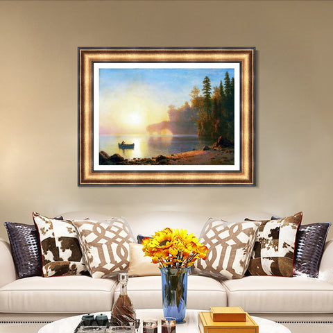 INVIN ART Framed Canvas Art Giclee Print A Boat Landing in The Sunset by Albert Bierstadt Wall Art Living Room Home Office Decorations