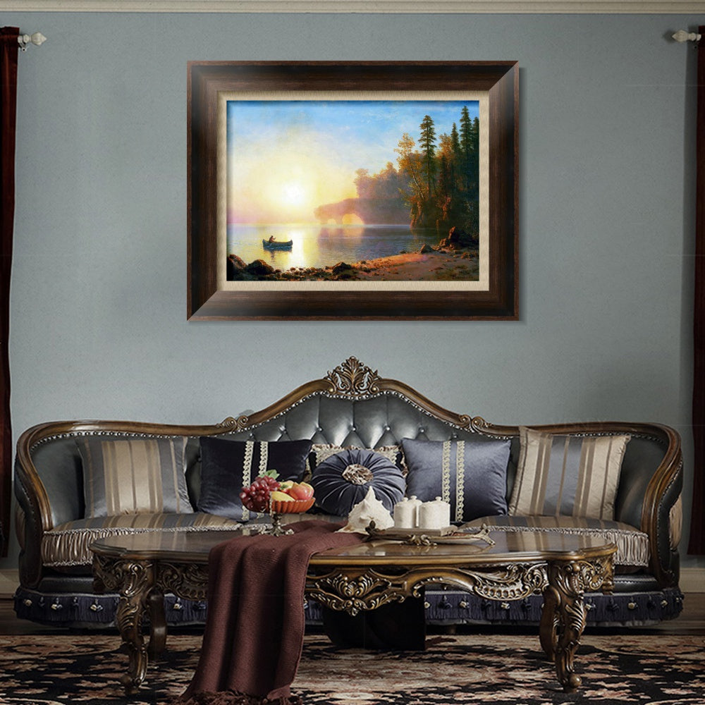 INVIN ART Framed Canvas Art Giclee Print A Boat Landing in The Sunset by Albert Bierstadt Wall Art
