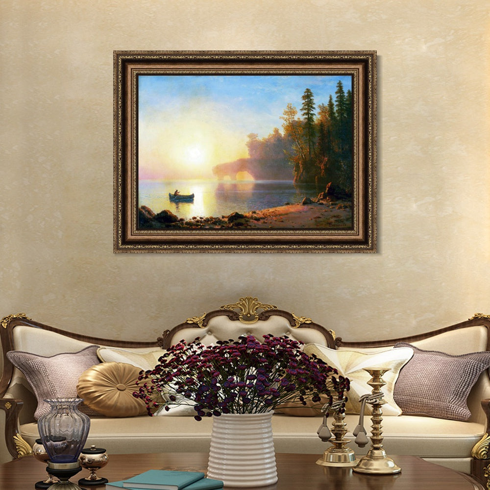 INVIN ART Framed Canvas Art Giclee Print A Boat Landing in The Sunset by Albert Bierstadt Wall Art