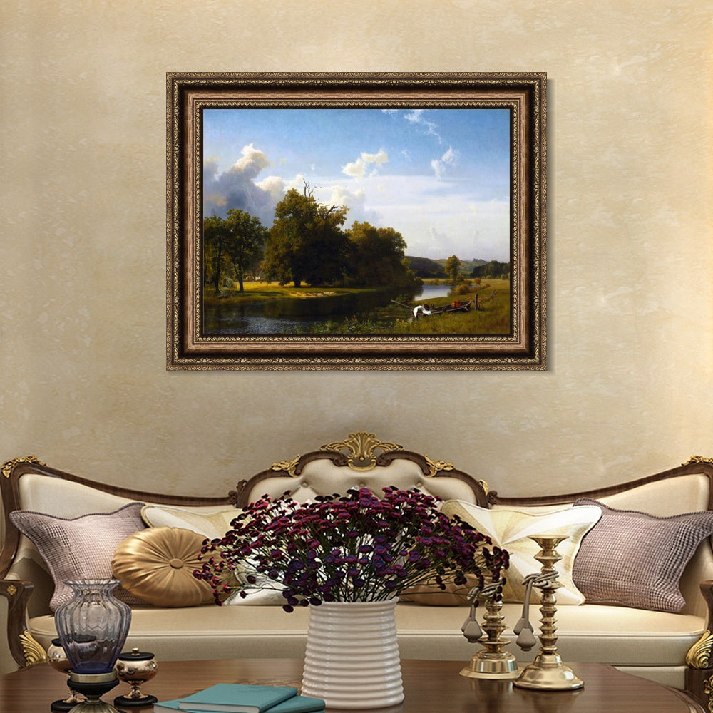 INVIN ART Framed Canvas Art Giclee Print A river landscape, Westphalia, 1855 by Albert Bierstadt Wall Art
