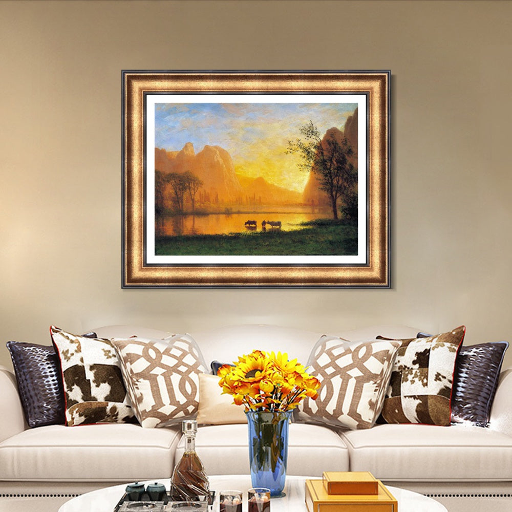 INVIN ART Framed Canvas Art Giclee Print Buffaloes in The Water by Albert Bierstadt Wall Art