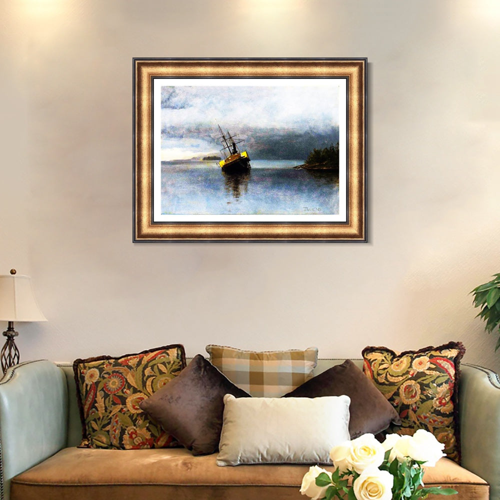 INVIN ART Framed Canvas Art Giclee Print a lonely boat in the quie tlake by Albert Bierstadt Wall Art