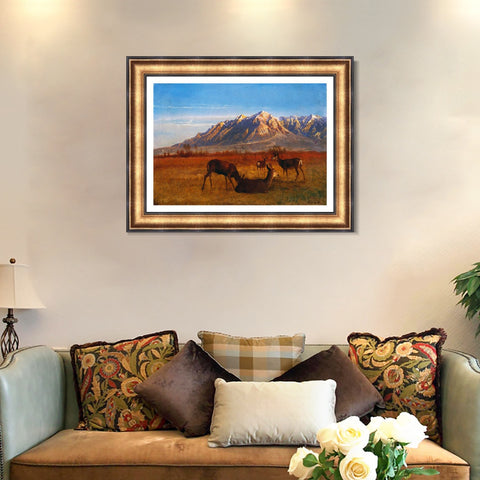 INVIN ART Framed Canvas Art Giclee Print Deer Sipping In The Sunset by Albert Bierstadt Wall Art Living Room Home Office Decorations