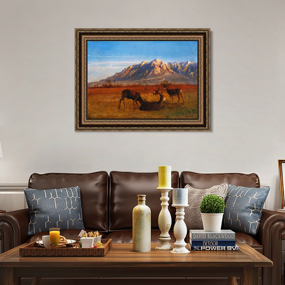 INVIN ART Framed Canvas Art Giclee Print Deer Sipping In The Sunset by Albert Bierstadt Wall Art Living Room Home Office Decorations