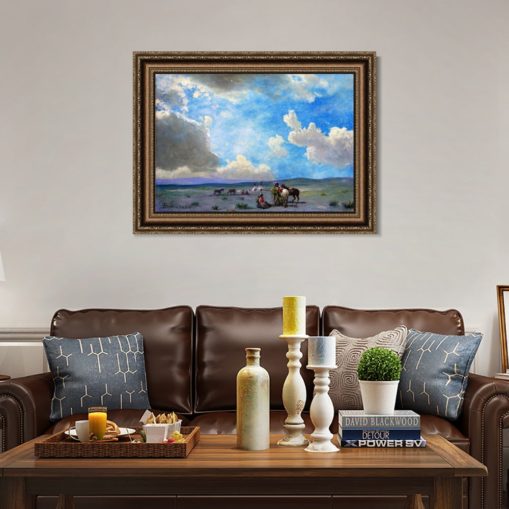 INVIN ART Framed Canvas Art Giclee Print Indians By The Riverside by Albert Bierstadt Wall Art