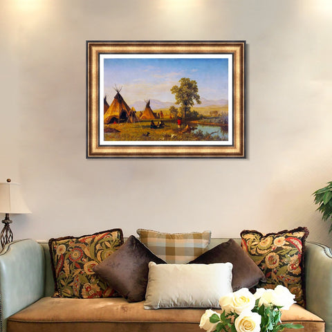 INVIN ART Framed Canvas Art Giclee Print Indian Tribes Camping by Albert Bierstadt Wall Art Living Room Home Office Decorations