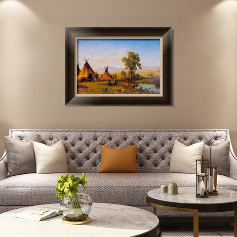INVIN ART Framed Canvas Art Giclee Print Indian Tribes Camping by Albert Bierstadt Wall Art Living Room Home Office Decorations