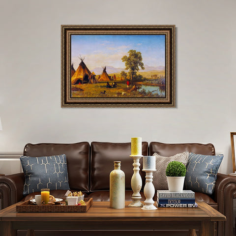 INVIN ART Framed Canvas Art Giclee Print Indian Tribes Camping by Albert Bierstadt Wall Art Living Room Home Office Decorations