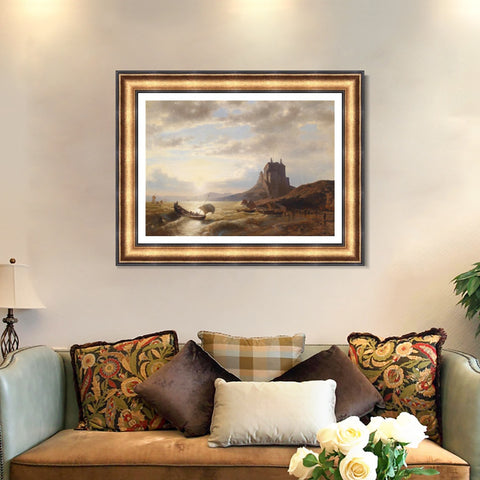 INVIN ART Framed Canvas Art Giclee Print A boat landing in the sunset#2 by Albert Bierstadt Wall Art Living Room Home Office Decorations
