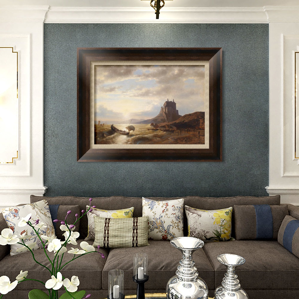 INVIN ART Framed Canvas Art Giclee Print A boat landing in the sunset#2 by Albert Bierstadt Wall Art